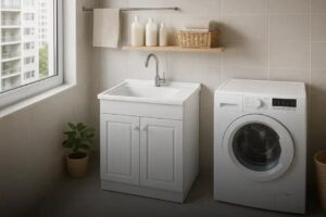 Tanque com gabinete EJV Shoop: solução prática para lavanderias compactas e organizadas